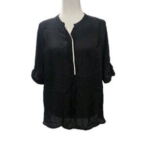 Vince 100% Silk Black Mandarin Collar Blouse White Placket Trim Size Medium